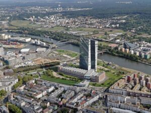 ECB Frankfurt - aerial photo of ECB Tower - ECB Skytower Frankfurt - ECB Headquarters in Frankfurt, Germany