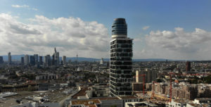 Henninger tower in Frankfurt - skyline in the background - panoramic view and restaurant Franzsika in the spire