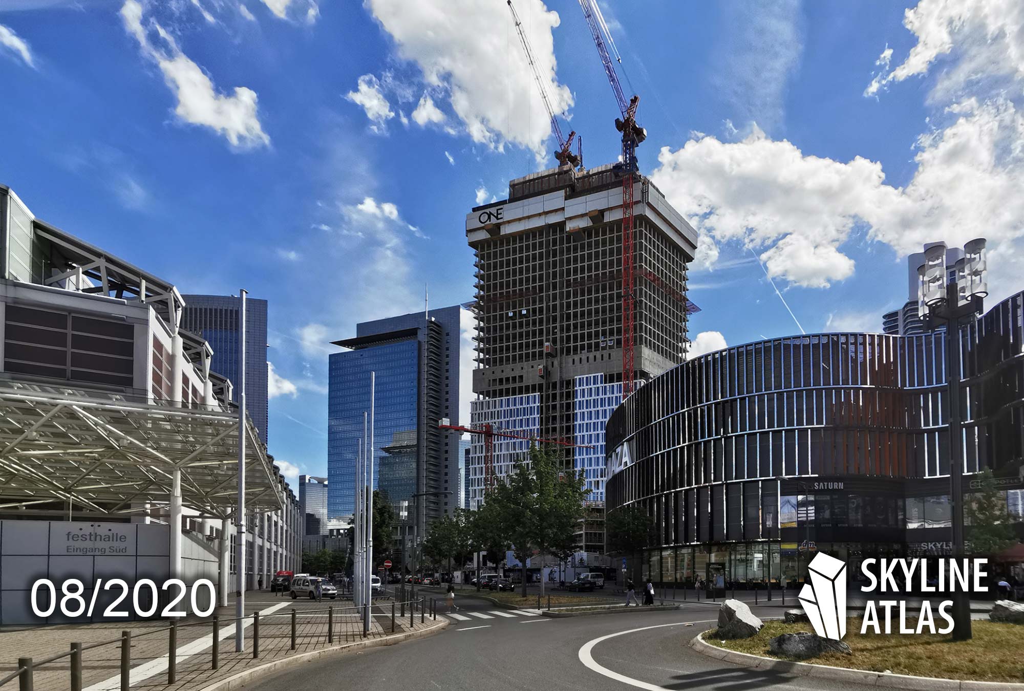 one-frankfurt-tower-1-one-good-idea-new-skyscraper-messe-osloer-strasse-skyline-plaza-concrete ONE FRankfurt - Tower 1 - One good idea - CA Immo skyscraper at Messe Frankfurt next to Skyline Plaza shopping center - August 2020