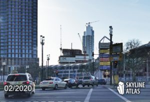 Tower ONE Frankfurt - skyscraper at Skyline Plaza shopping center - construction situation as of February 2020 - background: Grand Tower - left: MesseTurm