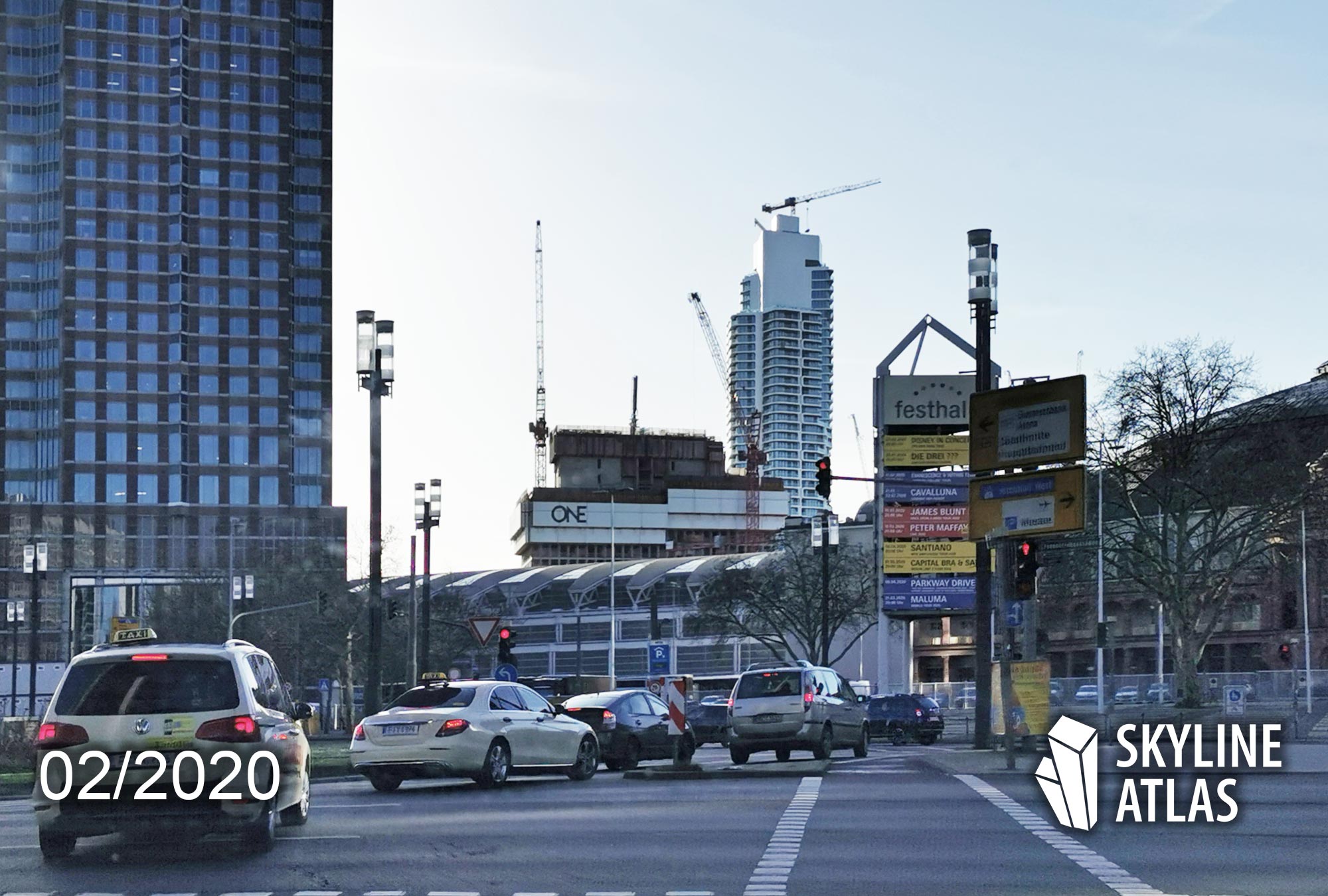 one-tower-frankfurt-hochhaus-skyline-plaza-baufortschritt-februar-2020-messeturm-grand-tower Tower ONE Frankfurt - skyscraper at Skyline Plaza shopping center - construction situation as of February 2020 - background: Grand Tower - left: MesseTurm