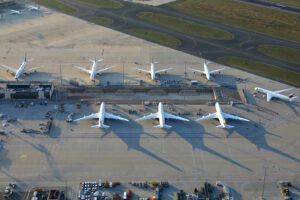 Planes parking at Frankfurt Airport - aerial photo