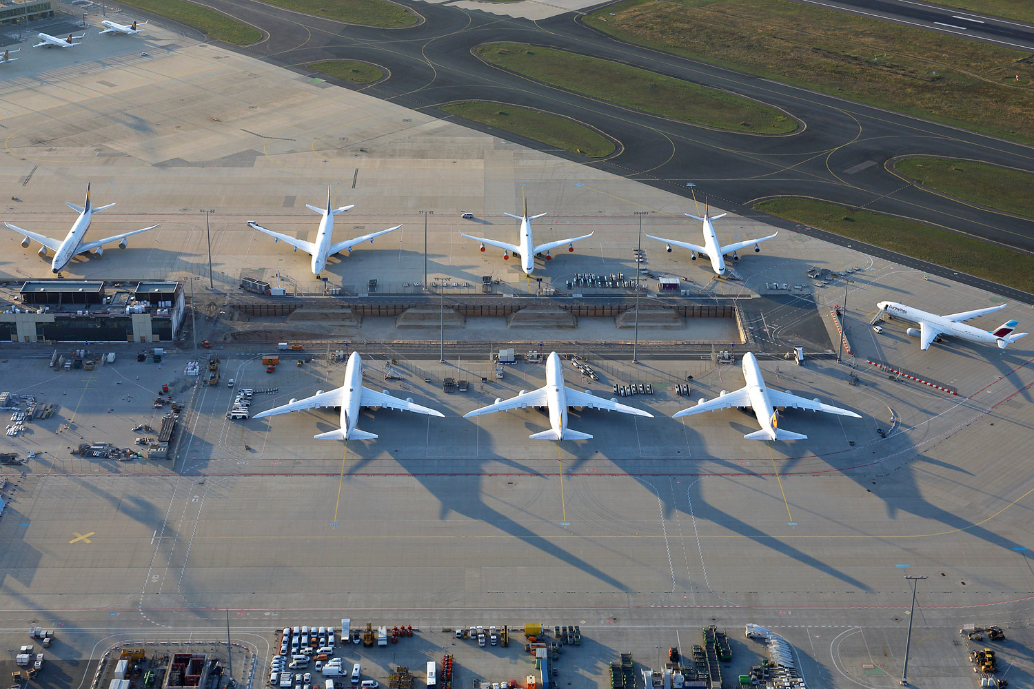 Planes parking at Frankfurt Airport - aerial photo