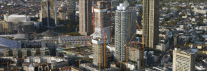 High-rise cluster in Frankfurt - high-rise group Europaviertel - aerial view high-rise group - clustering of skyscrapers - high-rise district Frankfurt