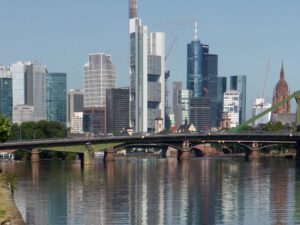 Skylineof Frankfurt (Germany) - Main river and its bridges - Financial District panorama