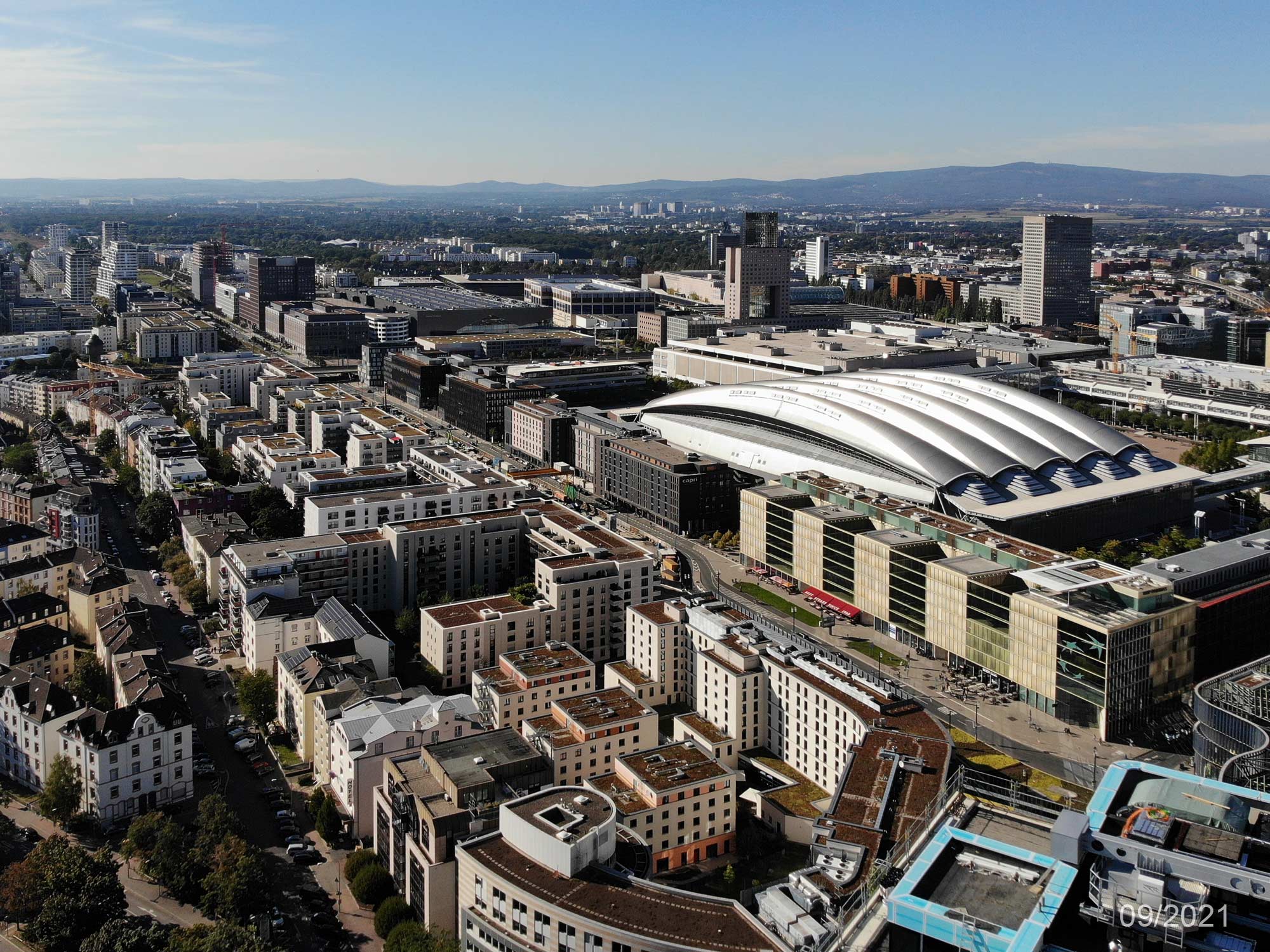 Panorama Frankfurt Europa-Allee boulevard - Frankfurt, Germany - September 2021 - Drone picture