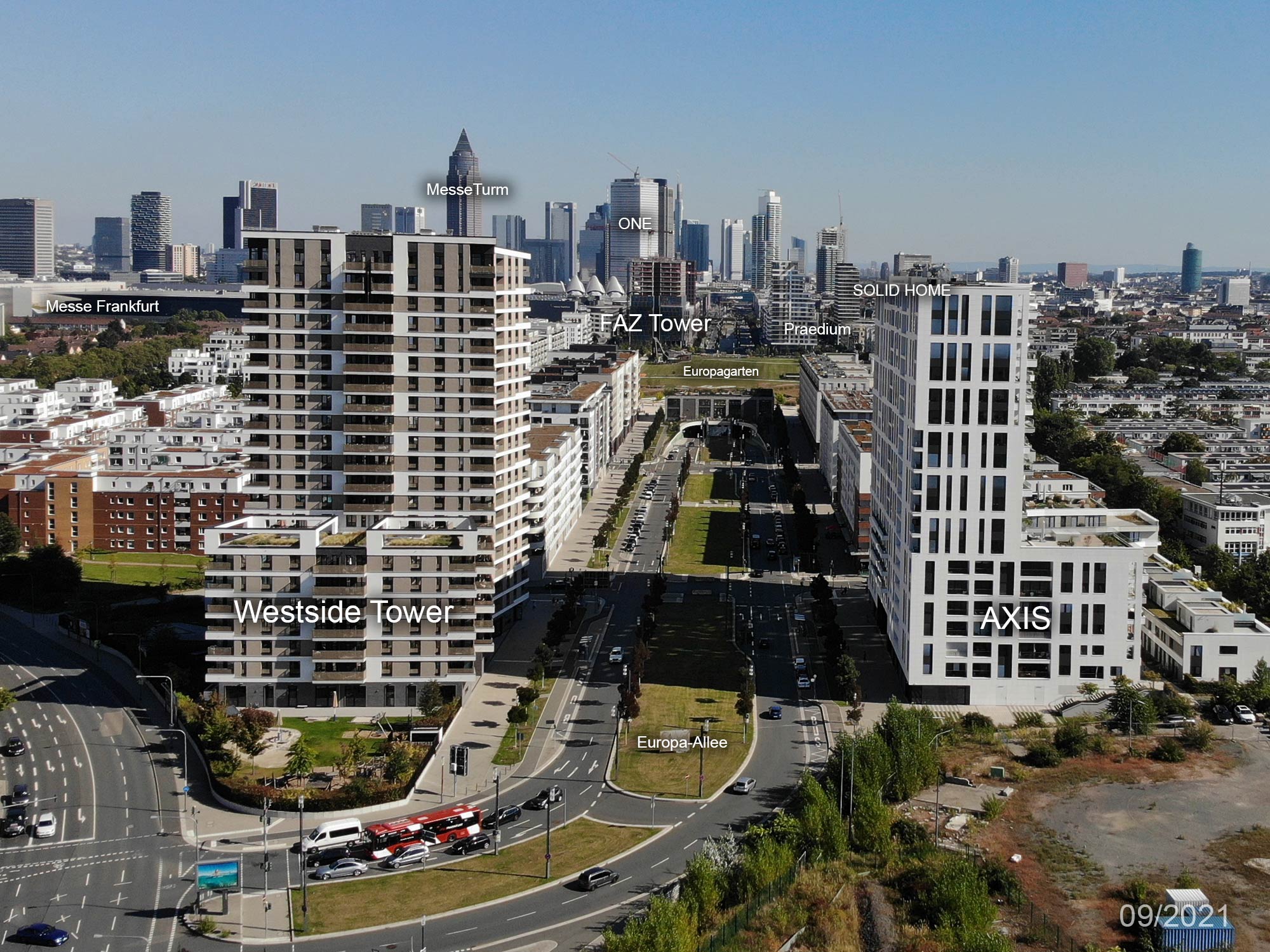 Frankfurt Westside Tower - Frankfurt Axis Tower - Europa Allee boulevard - Frankfurt panorama - Autumn 2021